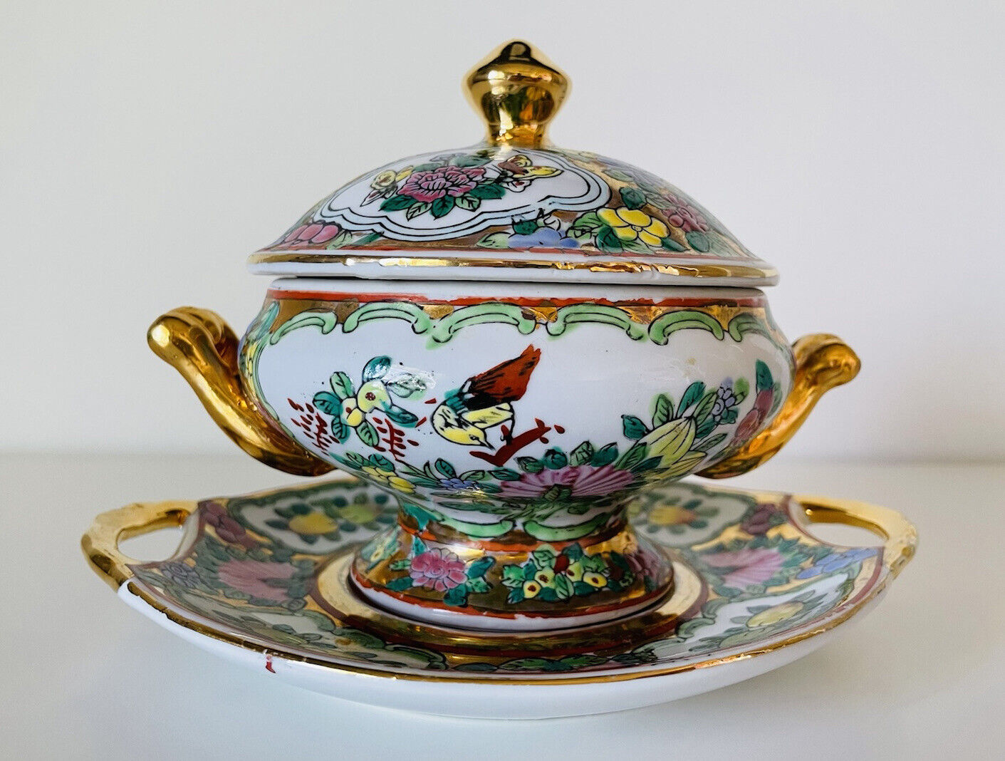 Rose Medallion Tureen With Underplate Chinese Porcelain Individual Set 5.25”