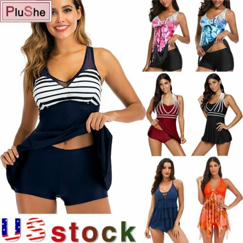 Plus Size Women Two Pieces Swimwear Tankini Bathing Suit Beach Skirt Dress M-5xl