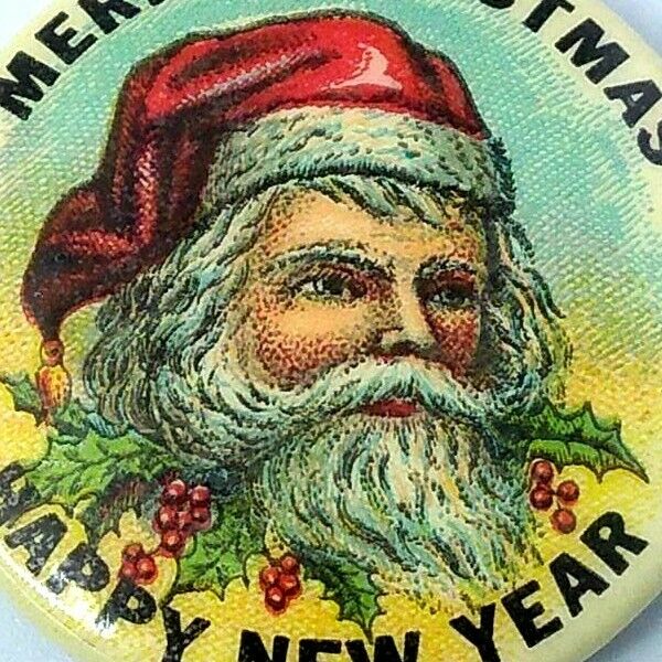 1940's Santa Claus Merry Christmas New Year Pinback Button Victorian Style Vtg