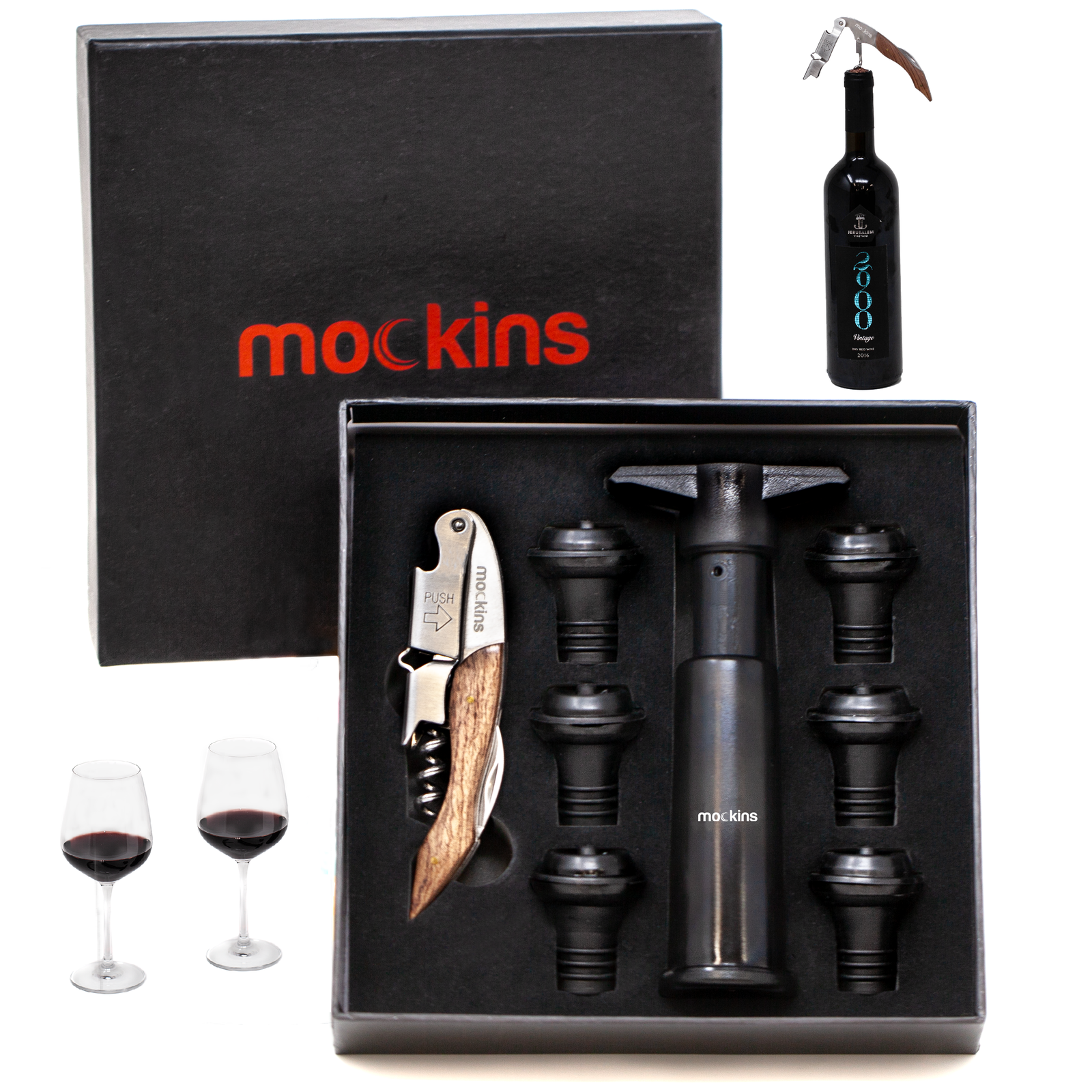 Mockins Wine Accessory Set Wine Saver Vacuum Pump & 6 Wine Stoppers & Corkscrew