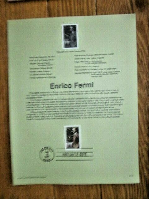 Enrico Fermi Italian Atomic Bomb Physicist 2001 #3533 Usps Fd Souvenir Page