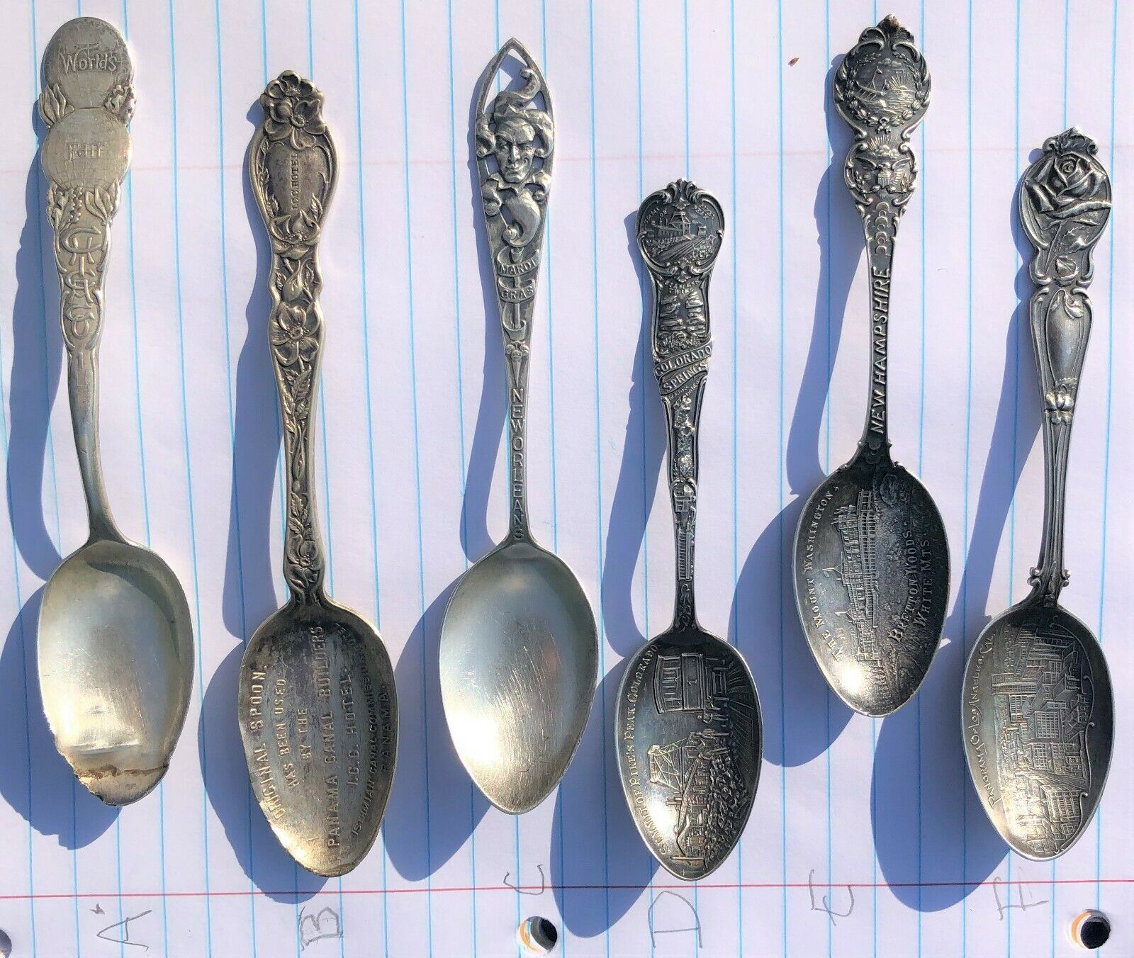 6 Vintage Commemorative Spoons, Sterling Silver, 1 Worlds Fair Chicago 1893
