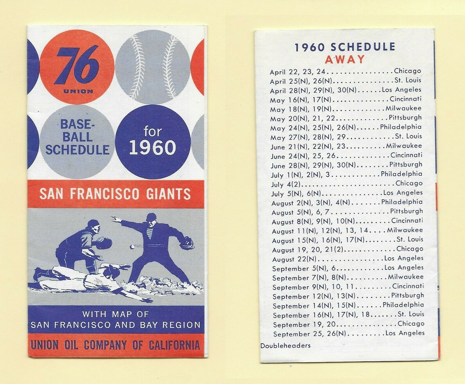 1960 San Francisco Giants Schedule - 76 Union - First Season At Candlestick
