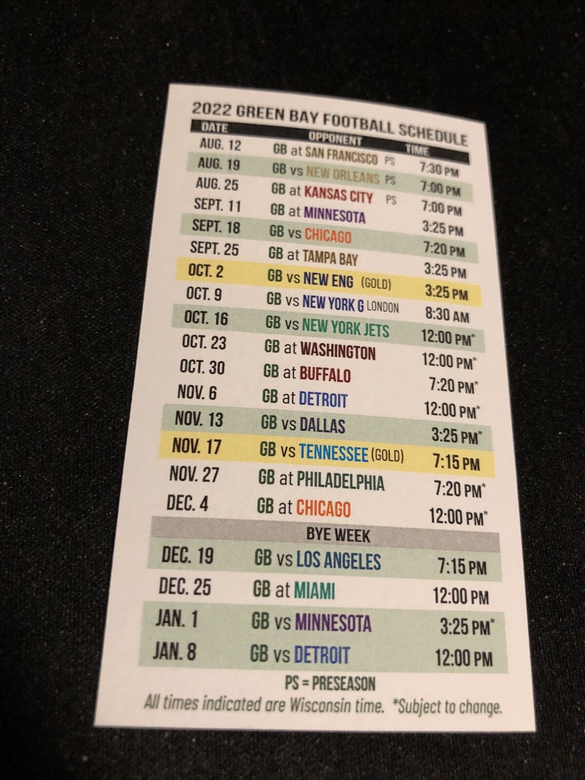 2022 Green Bay Packers Football Pocket Schedule Sheet Metal Card Version