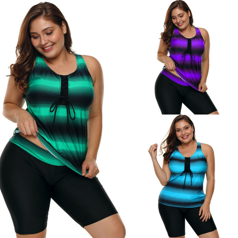 Women's Plus Size Stripe Tankini Set Swimsuit Bathing Suit Top + Shorts Swimwear