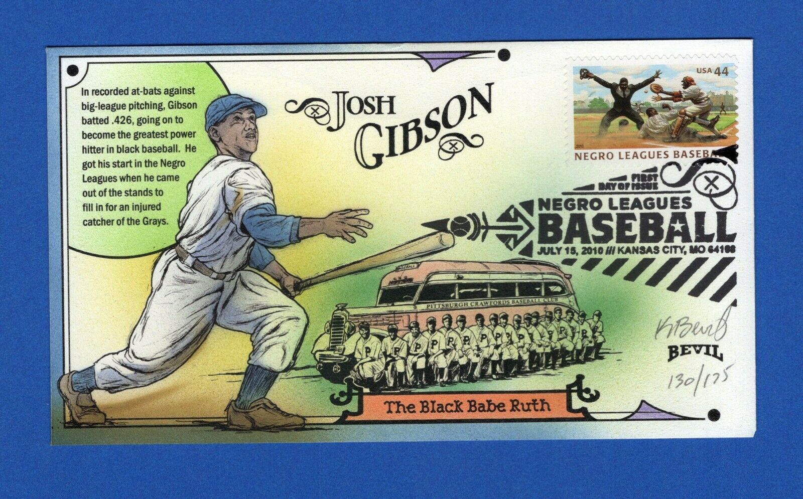 Scott 4466 Negro League Baseball Josh Gibson Hand Painted Fdc By Bevil