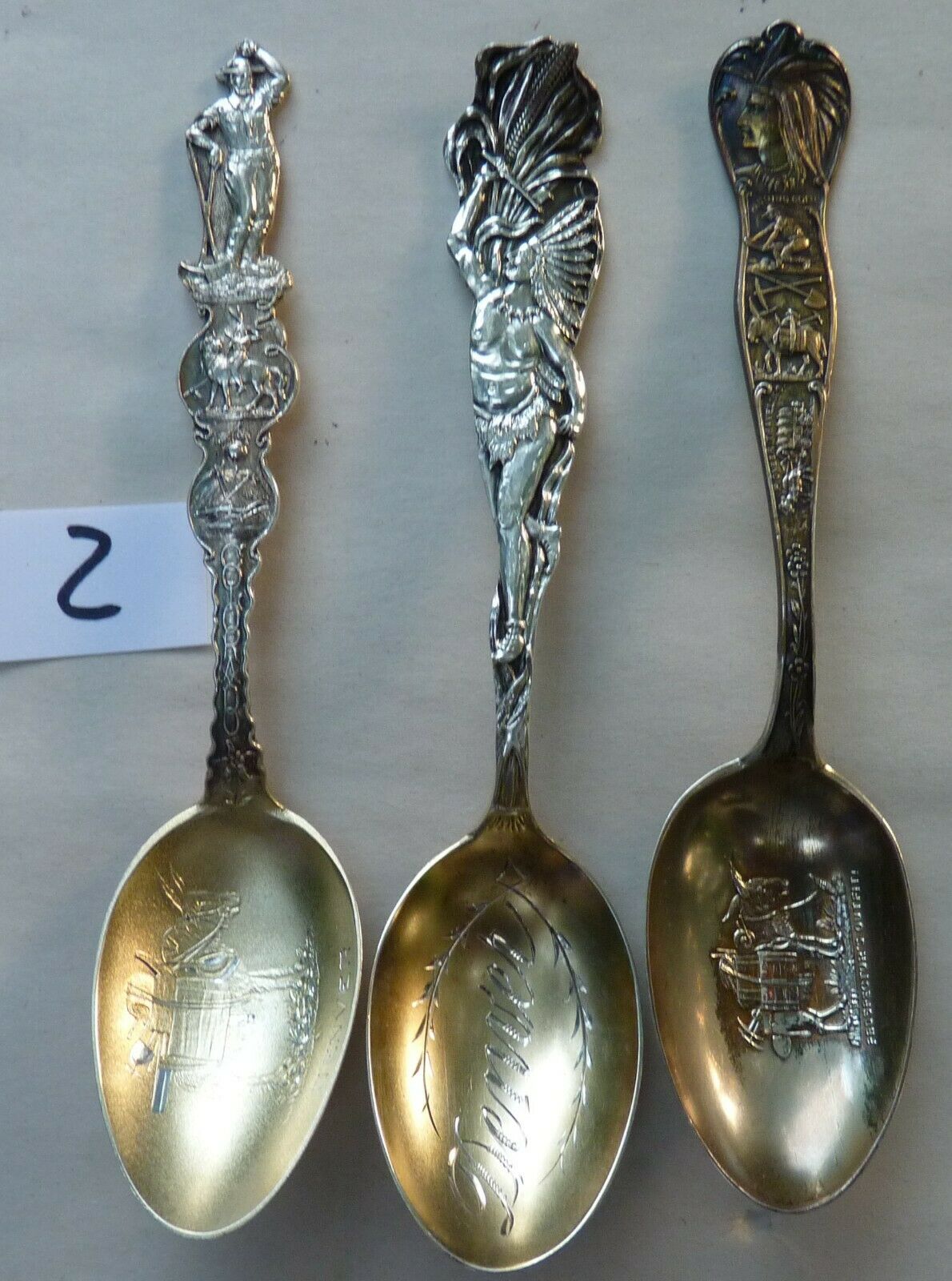 3 Sterling Silver Souvenir Spoons, Denver, C.1880, Native American, Gold Miner
