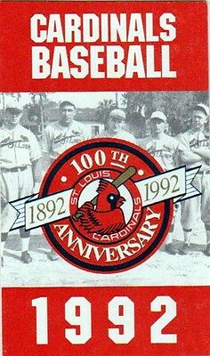 1992 St. Louis Cardinals Pocket Schedule - 100th Anniversary On Front