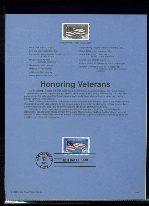 #3508 34c Honoring Veterans Usps #0129 Souvenir Page